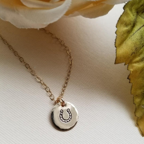 Good Luck Horseshoe Charm Necklace, Dainty Disc Necklace