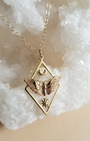 Gold Moth Pendant Necklace, Transformation Symbolic Necklace