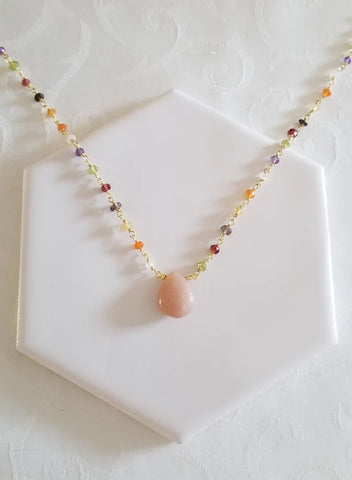 Multi Gemstone Necklace for women, Boho Beaded Chain Necklace, Peach Moonstone Pendant