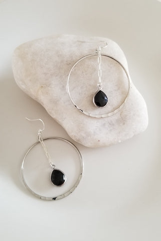 Silver Hoops Earrings with Black Onyx Teardrop Stones