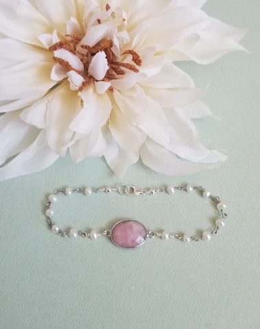 Dainty Beaded  Pearl Bracelet, Pink Opal Bracelet, Layering Bracelet