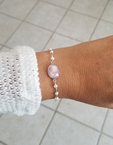 Pink Opal Stone Bracelet, Dainty Pearl Bracelet, Gift for Her