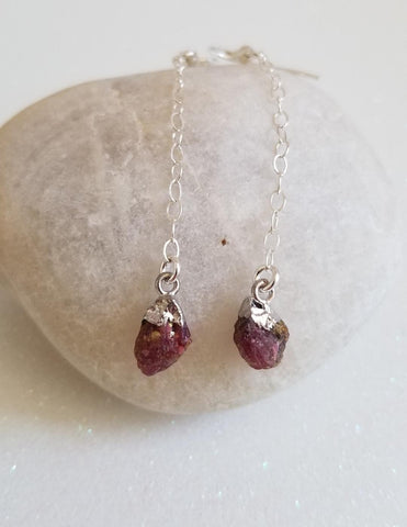 Raw Ruby Earrings, Delicate Gold or Silver Earrings, Long Boho Earrings