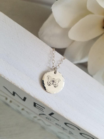 dainty necklace, simple everyday necklace, hand engraved, butterfly charm
