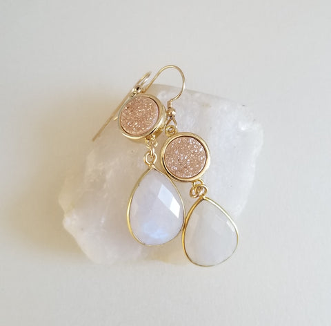 Natural Druzy Crystals and Moonstone Statement Earrings