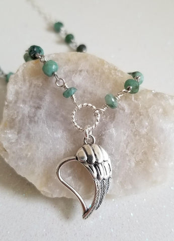 Sterling Silver Angel Heart Pendant, Emerald necklace for women, Worn on Riverdale