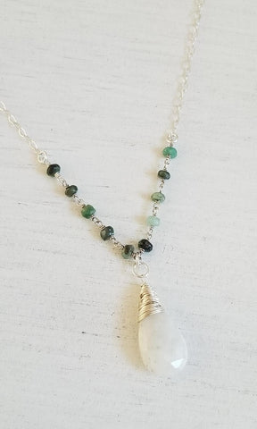 Beaded Emerald Stone Necklace with Teardrop Moonstone