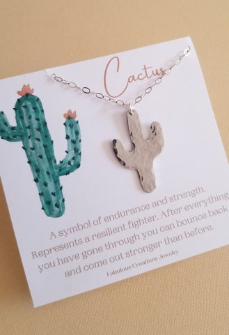 Cute Cactus Charm Necklace for Women, Gift Idea for Her, Hammered Cactus Necklace