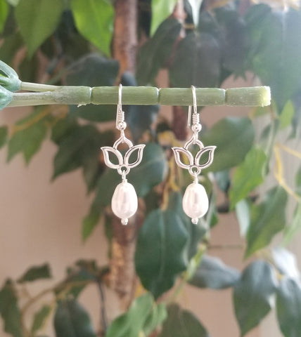 Pearl Teardrop Earrings, Silver Lotus Flower Earrings