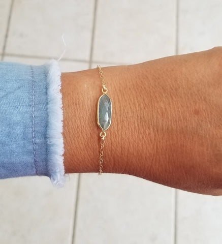 Aquamarine Bracelet, Thin Gold Chain Bracelet