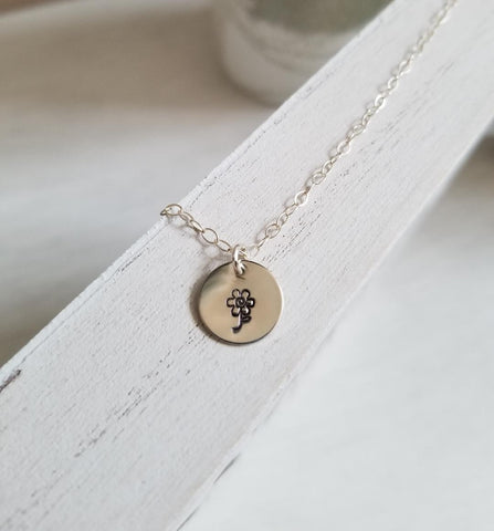gift for women, small disc necklace, tiny flower necklace, gift for best friend