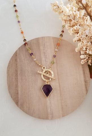 Multi Gemstone Necklace for Women, Gold Toggle Necklace, Amethyst Necklace