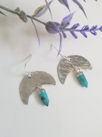 Hammered Moon Earrings with Turquoise, Handmade in the USA