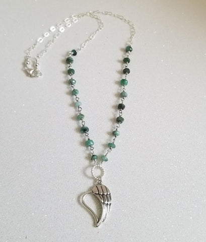 Natural Emerald necklace, Silver Angel Wing Heart Necklace for women