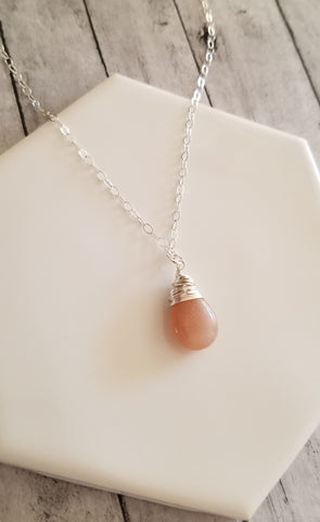 Peach Moonstone Teardrop Necklace, Wire Wrapped Gemstone Necklace, Teardrop Necklace, Crystal Healing Jewelry
